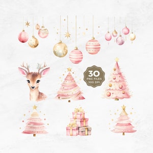 watercolor pink Christmas clipart bundle