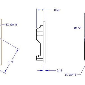 May include: Technical drawing of a square-shaped component with a circular center and four mounting holes. Dimensions are provided in inches: 1.75" x 1.75" square, 3" x 2.65" overall, and a central circle with a 1.55" diameter. The side view shows a thickness of 0.55".