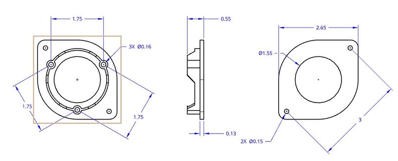 May include: Technical drawing of a square-shaped component with a circular center and four mounting holes. Dimensions are provided in inches: 1.75" x 1.75" square, 3" x 2.65" overall, and a central circle with a 1.55" diameter. The side view shows a thickness of 0.55".