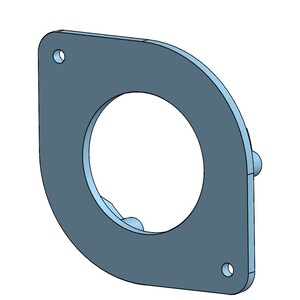 May include: A light blue, geometric metal bracket with a large circular opening and two smaller holes. The bracket has a rounded corner and two small protruding cylindrical features.