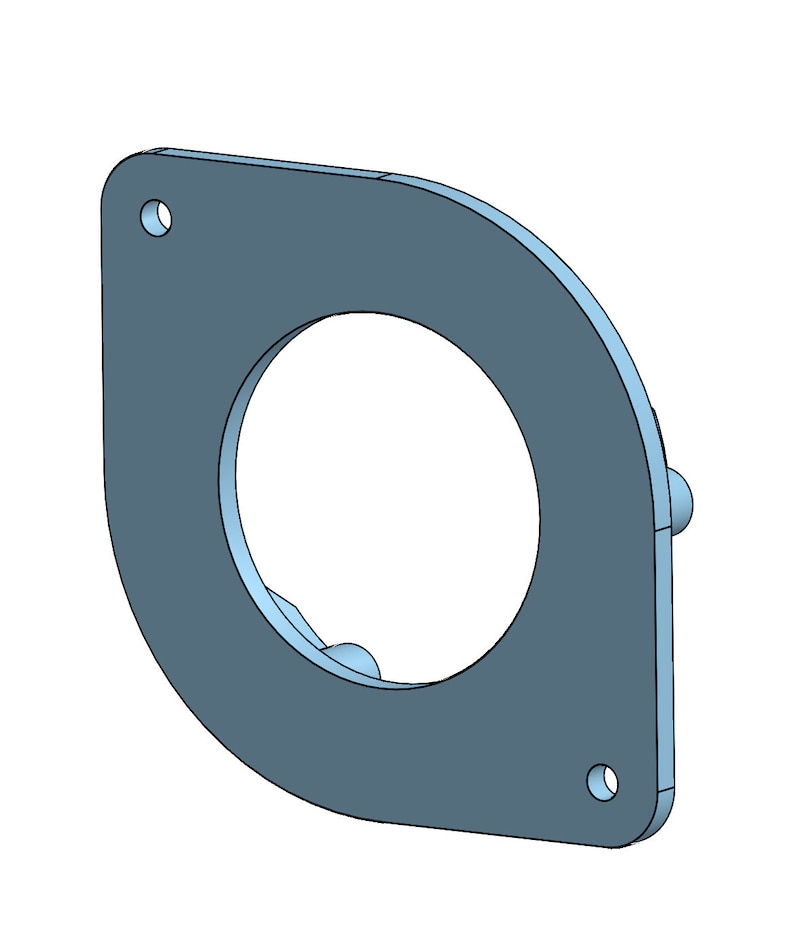 May include: A light blue, geometric metal bracket with a large circular opening and two smaller holes. The bracket has a rounded corner and two small protruding cylindrical features.