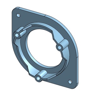 May include: A gray, geometric mechanical part with a circular opening and three cylindrical protrusions. The part has a square shape with rounded corners and three holes for mounting.
