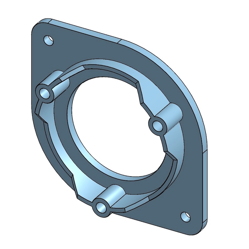 May include: A gray, geometric mechanical part with a circular opening and three cylindrical protrusions. The part has a square shape with rounded corners and three holes for mounting.