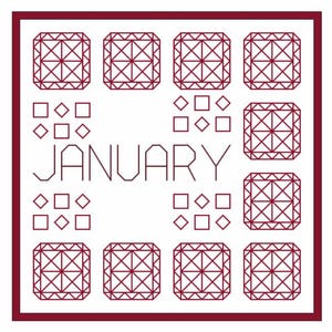 May include: A white square with a claret border displays the word "JANUARY" in a linear font. The design incorporates geometric shapes: squares, diamonds, and cross-hatched squares, arranged in a grid pattern.