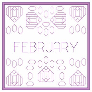Könnte beinhalten: Ein quadratisches Design mit einem lavendelfarbenen Rahmen und geometrischen Formen. Das Wort "FEBRUARY" ist in Lavendel zentriert. Das Design umfasst Herz- und Diamantformen sowie kleine ovale Formen.