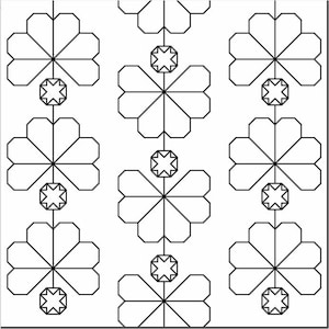 Może przedstawiać: Powtarzający się wzór czarno-białych kształtów geometrycznych. Projekt przedstawia stylizowane kwiaty i kształty gwiazd połączone liniami pionowymi, tworząc symetryczny i dekoracyjny układ.