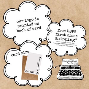 May include: A white card, 10.8 x 14 cm, in a brown envelope. The image includes text about the card's size, logo placement, and free USPS first-class shipping. A vintage typewriter is also shown.