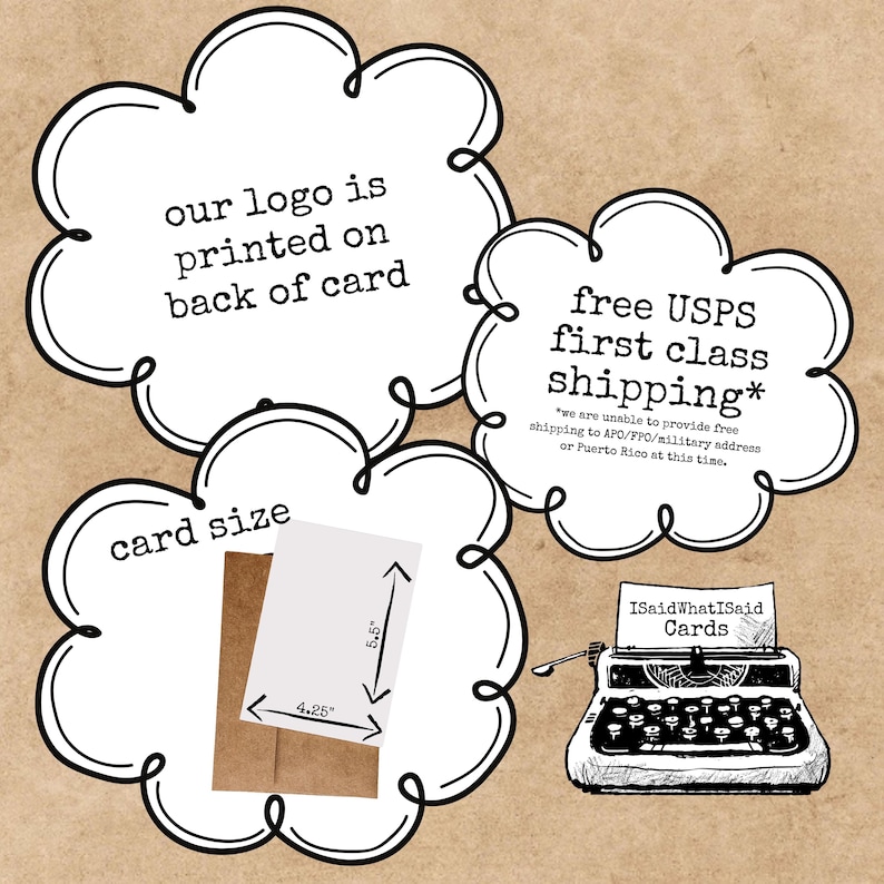 May include: A white card, 10.8 x 14 cm, in a brown envelope. The image includes text about the card's size, logo placement, and free USPS first-class shipping. A vintage typewriter is also shown.
