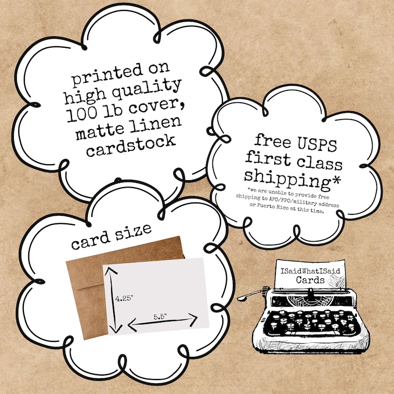 May include: Three white cloud-shaped speech bubbles with black outlines on a tan background. The bubbles contain text about 100 lb matte linen cardstock, shipping, and card dimensions of 4.25 inches by 5.5 inches. A black and white typewriter illustration is included.