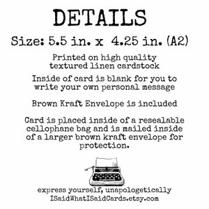 May include: Text-based image with the word "DETAILS" at the top. The card size is 14 cm x 10.8 cm (A2). The card is printed on textured linen cardstock. The card is blank inside. A brown kraft envelope is included. The card is placed inside a cellophane bag.