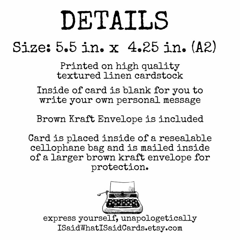 May include: Text-based image with the word "DETAILS" at the top. The card size is 14 cm x 10.8 cm (A2). The card is printed on textured linen cardstock. The card is blank inside. A brown kraft envelope is included. The card is placed inside a cellophane bag.