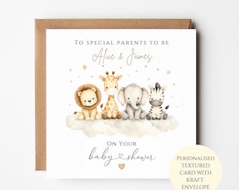 Personalised Safari Baby Shower Card, Neutral Animal Design, Congratulations Gift