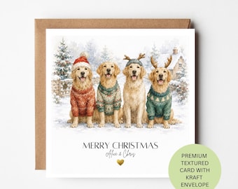 May include: A square greeting card featuring an illustration of four golden retriever dogs wearing holiday sweaters in a snowy landscape. The text reads MERRY CHRISTMAS Alice & Chris with a gold heart. Includes a brown kraft envelope.