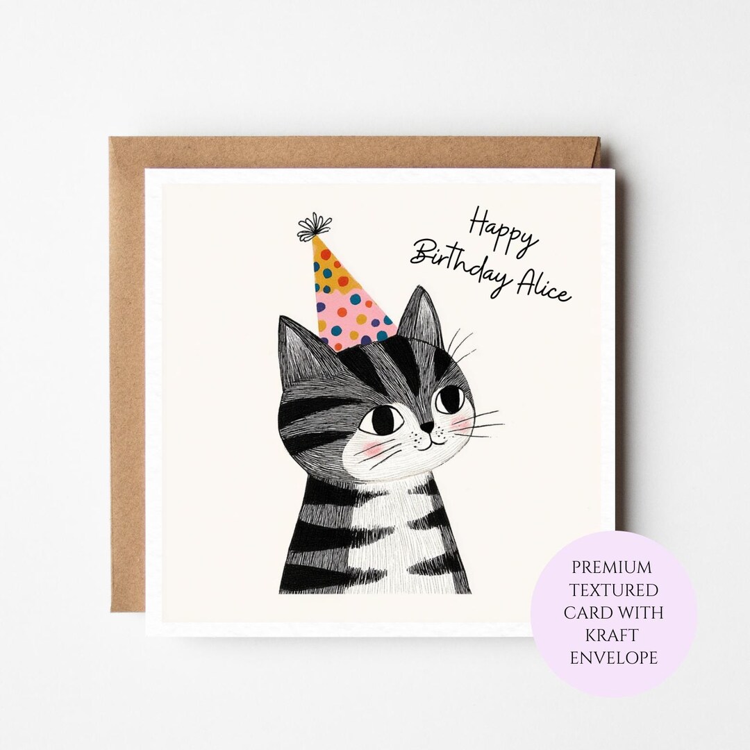 Cute Tabby Cat Birthday Card Party Hat Cat Birthday Card - Etsy