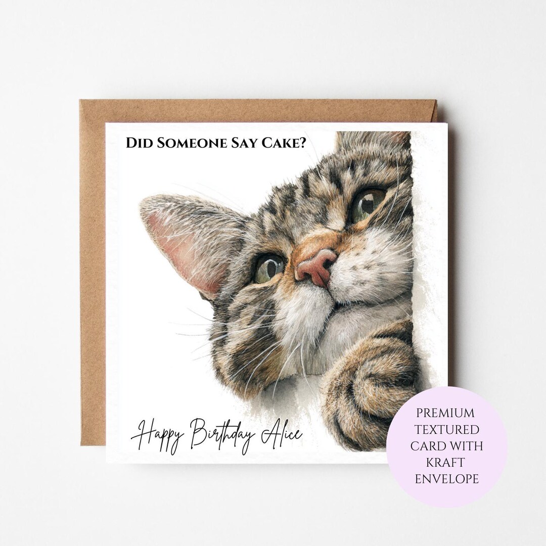 Tabby Cat Birthday Card – Watercolor Art, Personalized Greeting for Cat ...