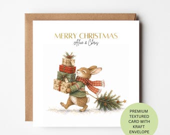 Personalised Watercolour Rabbit Christmas Card, Textured Card with Kraft Envelope