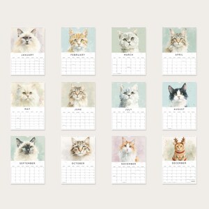a grid of 12 calendar pages, each featuring a different cat portrait from the months of January to December.