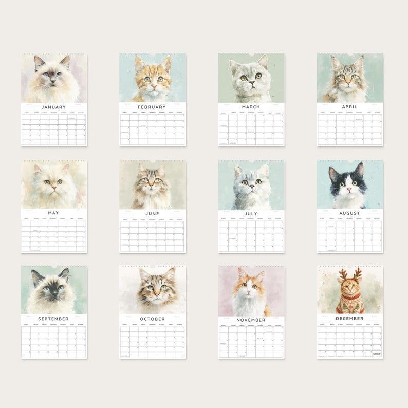 a grid of 12 calendar pages, each featuring a different cat portrait from the months of January to December.