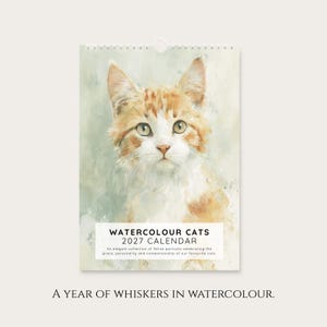 A calendar for the year 2027, featuring a close-up portrait of a cat with a watercolor painting background.