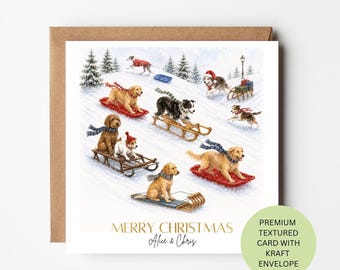 Personalised Watercolour Dogs Sledging Christmas Card, Multi Breed Winter Fun, Textured Greeting