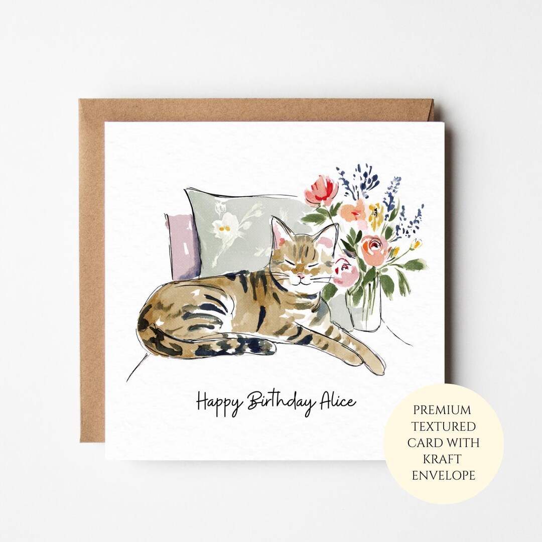 Floral Cat Birthday Card: Watercolor Illustration, Elegant Style - Etsy