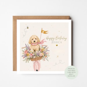 May include: A birthday card with a poodle on a pink bicycle, carrying flowers in a basket. The card reads "Happy Birthday Jessica" and has a bee illustration. Comes with a kraft envelope.