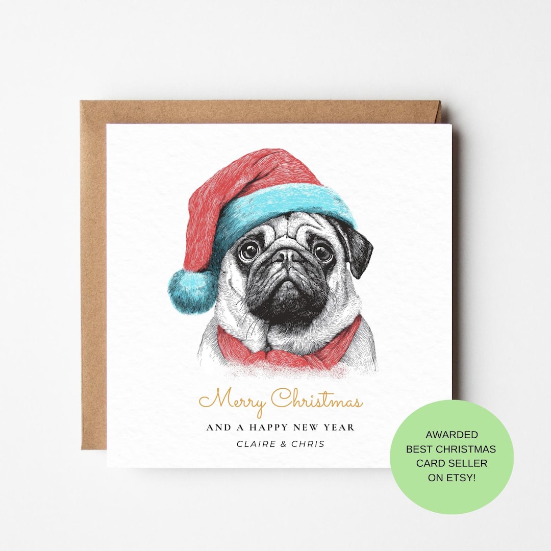 Watercolor Pug Christmas Card – Funny Dog With Santa Hat - Etsy
