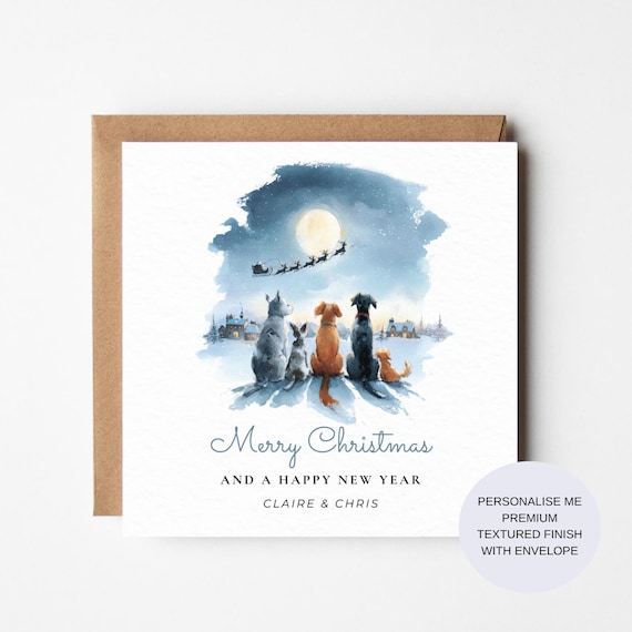 Dog Lover Christmas Card, Santa Sleigh Scene, Watercolor (Personalised)