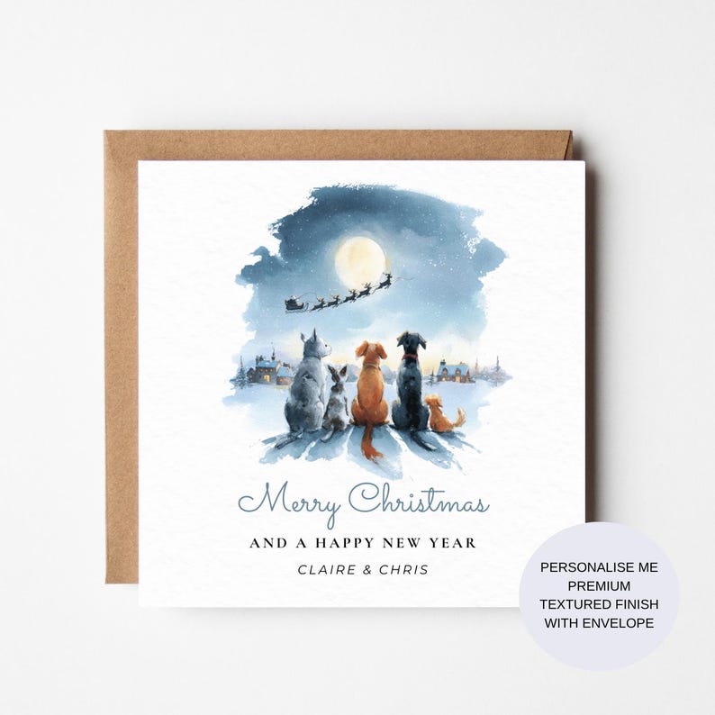 Dog Lover Christmas Card, Santa Sleigh Scene, Watercolor (Personalised) image 1