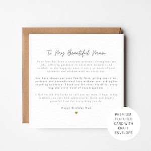May include: A square white greeting card with black printed text that reads To My Beautiful Mum, followed by a heartfelt message of appreciation, ending with Happy Birthday Mum and a small gold heart icon, paired with a brown kraft envelope.