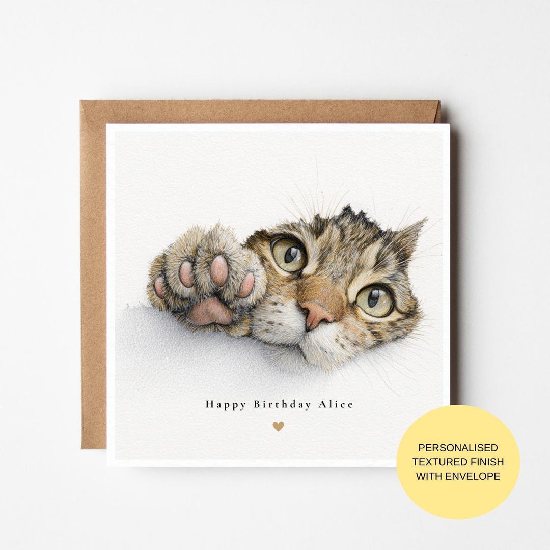 Cute Cat Birthday Card, Watercolor Smiling Kitten (textured Premium ...
