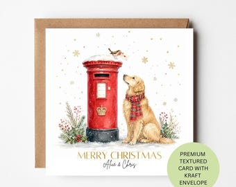May include: A square Christmas greeting card featuring a watercolor illustration of a golden dog wearing a red and green plaid scarf sitting next to a red British pillar box with a small bird on top, with the text MERRY CHRISTMAS Alice & Chris.