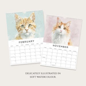 two calendar pages, each with a watercolor illustration of a cat. The cats are depicted in different colors - one is orange and white, and the other is white and orange. The calendar pages are titled "FEBRUARY" and "NOVEMBER", respectively, and are set against a light background. The text at the bottom of the image reads "DELICIOUSLY ILLUSTRATED IN SOFT WATERCOLOUR."