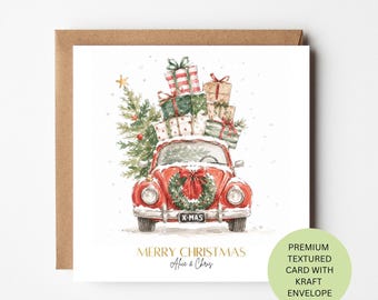 Personalised Christmas Car Card, Red Vintage Beetle Watercolour Card