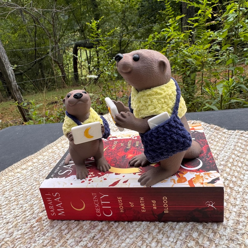 May include: Two brown otter figurines, each wearing a yellow and blue crocheted outfit, holding white rectangles with a crescent moon design. They are positioned on top of a book titled "Crescent City: House of Earth and Blood."