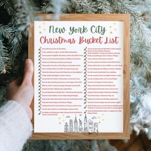 May include: A printable New York City Christmas bucket list with a red and white color scheme. The list includes activities like having afternoon tea at The Plaza, grabbing a drink at the Irish Christmas at The Churchill Tavern, and seeing the Rockettes' Radio City Christmas Spectacular. The list is illustrated with a black and white drawing of the New York City skyline.
