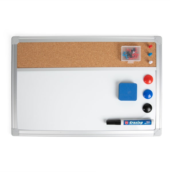 Dry Erase White Board/Cork - 12 x 18 Inches Aluminum Frame - Includes Eraser, Marker, Pins, Magnets - Lockers, Office, Classroom, Kitchen