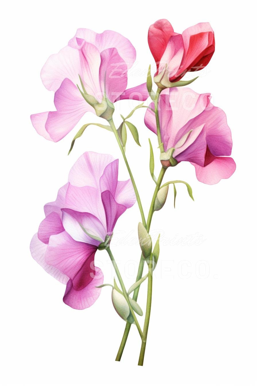 Sweet Pea Floral Illustration Art Prints Botanical Clipart digital Sweet Pea Floral Illustration Art Prints Botanical Clipart digital