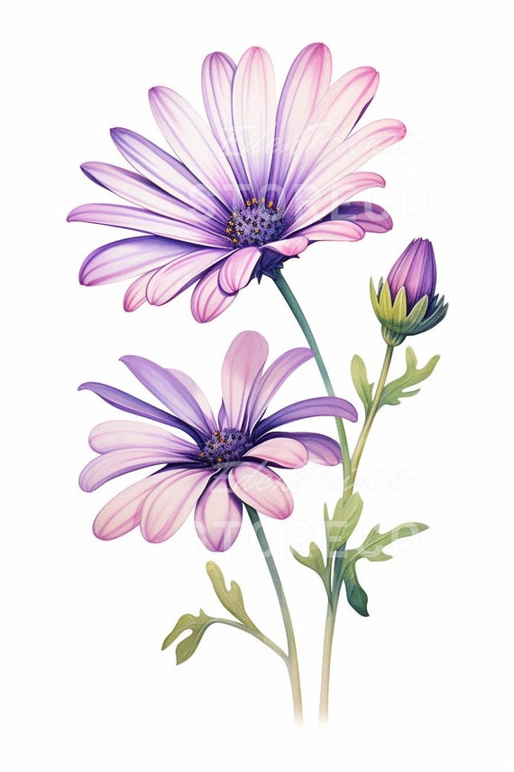 オステオスペルマムの花のイラスト、ボタニカルアートプリント