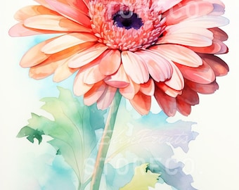 Puede incluir: Una pintura de acuarela de una margarita gerbera rosa con hojas verdes. La flor está en foco y el fondo es una suave acuarela azul.