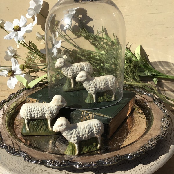 Vintage Style Lamb Sheep Figurine Grazing Hand Made Spring Easter White Farmhouse Shabby Cottage French Country Home Decor Display