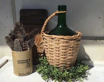 Vintage green round wicker wrapped bottle farmhouse cottage rustic shabby