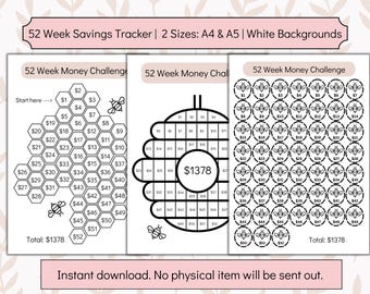 52-Week Savings Challenge Tracker, A4 A5 Planner (Digital Download)