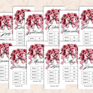 May include: Twelve printable monthly budget trackers featuring a floral design with a pink bow. Each tracker has a table with four weeks and a space to record the amount saved for the month.