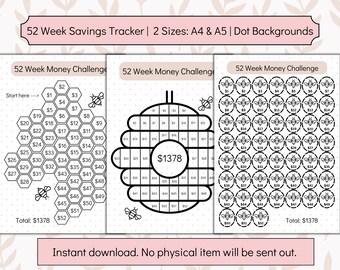 May include: Printable 52-week money challenge savings tracker with a beehive design. The tracker has three different layouts, each with a total savings goal of $1378.