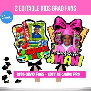 May include: Graduation fan featuring a photo of a child in a graduation cap and gown. The fan has a pink bow, a ruler, and the text "congrats AMANI". The other fan has a photo of a child and the text "congrats JAMES". Graduation fan template, Cusomize in Canva, Easy to edit, graduation keepsake,