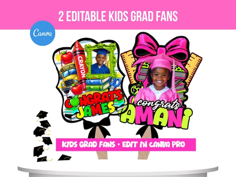 May include: Graduation fan featuring a photo of a child in a graduation cap and gown. The fan has a pink bow, a ruler, and the text "congrats AMANI". The other fan has a photo of a child and the text "congrats JAMES". Graduation fan template, Cusomize in Canva, Easy to edit, graduation keepsake,