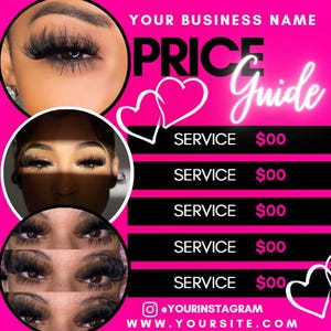 Bright pink lash price guide Canva template shown in a digital mockup with close-up lash extension photos and bold text displaying service prices. Features playful hearts, modern fonts, and space to add your business name, website, and Instagram handle. Perfect for lash artists promoting services on social media.