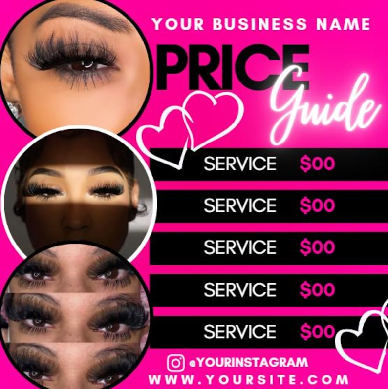 Bright pink lash price guide Canva template shown in a digital mockup with close-up lash extension photos and bold text displaying service prices. Features playful hearts, modern fonts, and space to add your business name, website, and Instagram handle. Perfect for lash artists promoting services on social media.