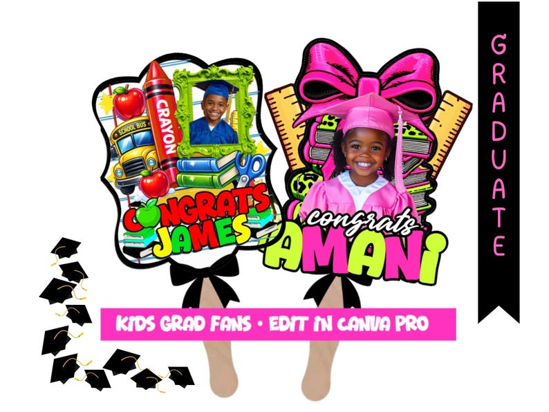 May include: Graduation fan featuring a photo of a child in a graduation cap and gown. The fan has a pink bow, a ruler, and the text "congrats AMANI". The other fan has a photo of a child and the text "congrats JAMES". Graduation fan template, Cusomize in Canva, Easy to edit, graduation keepsake,